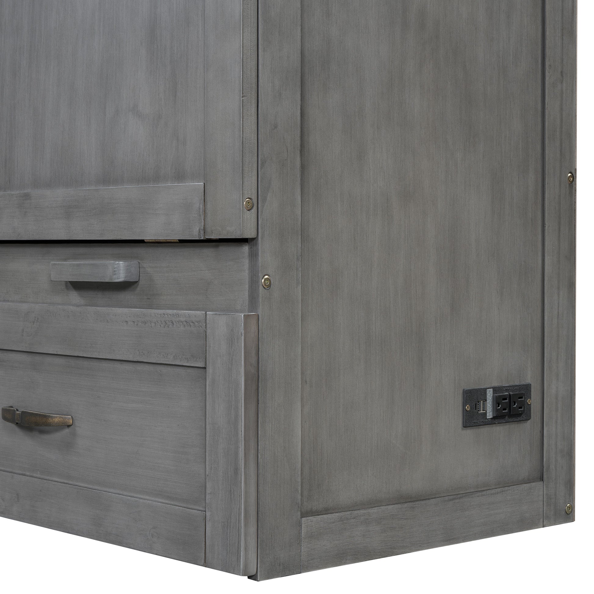 Queen Size Murphy Bed With Usb Ports, Large Drawers And Metal Handles, Antique Grey Queen Gray Solid Wood Mdf