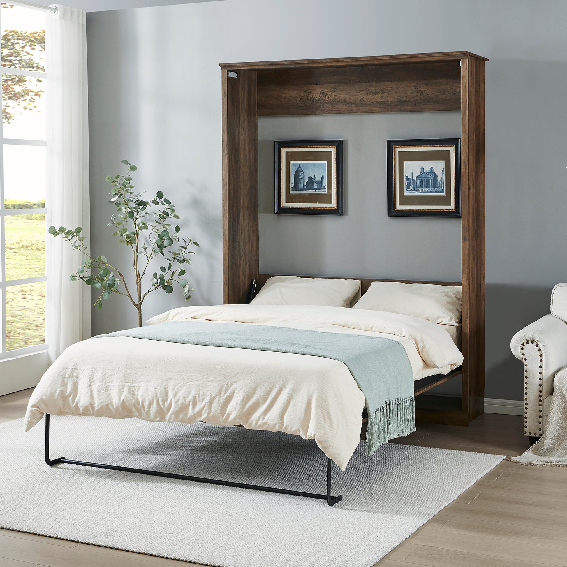 Queen Size Half Self Close And Open Murphy Bed Cabinet Space Saving Bed Perfect For Guest Room, For Bed Room, Guest Room, Home Office, Brown Box Spring Not Required Queen Brown Wood Brown Pine Murphy Pine