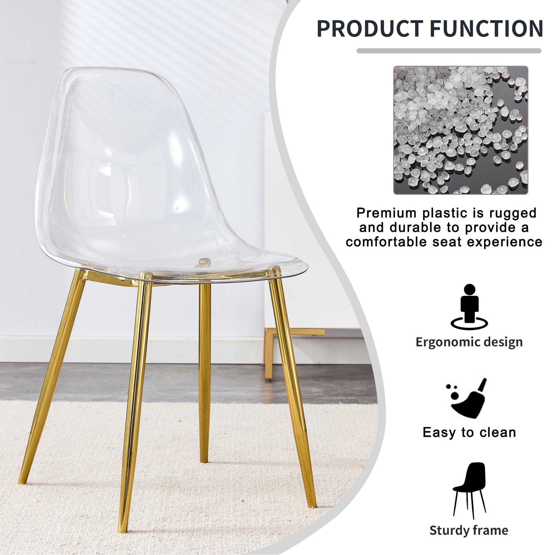 Table And Chair Set.Modern Rectangular Glass Dining Table With Tempered Glass Countertop And Golden Metal Legs, Paired With Multiple Transparent High Quality Pet Dining Chairs With Golden Legs. Gold Seats 8 Tempered Glass