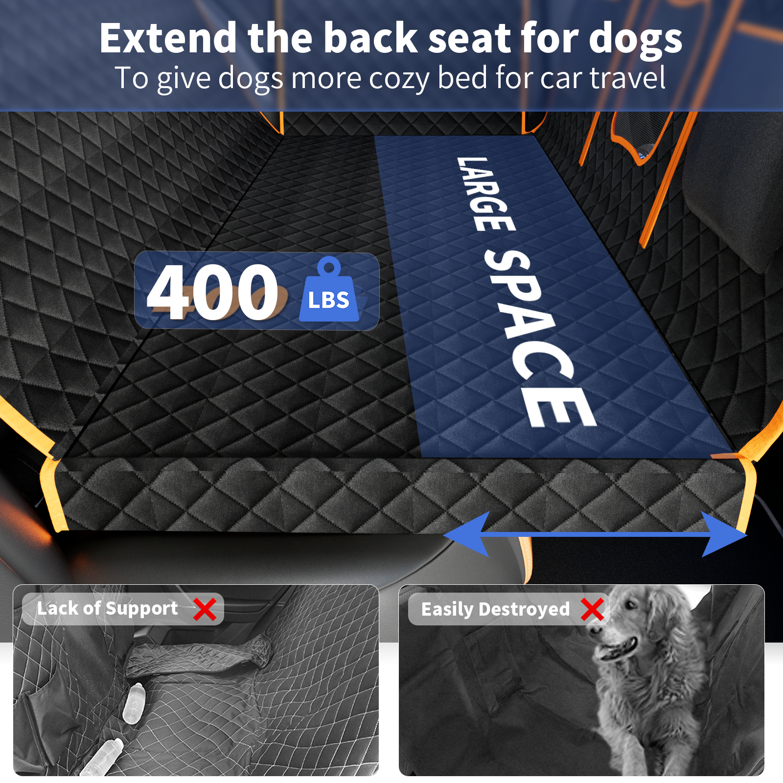 Dog Car Seat Cover For Back Seat With Detachable Hard Bottom, Holds 400Lbs, Back Seat Extender For Dog With Mesh Windor And Storage Pocket, Fit For Car, Suv, Truck, Orange Orange Cotton