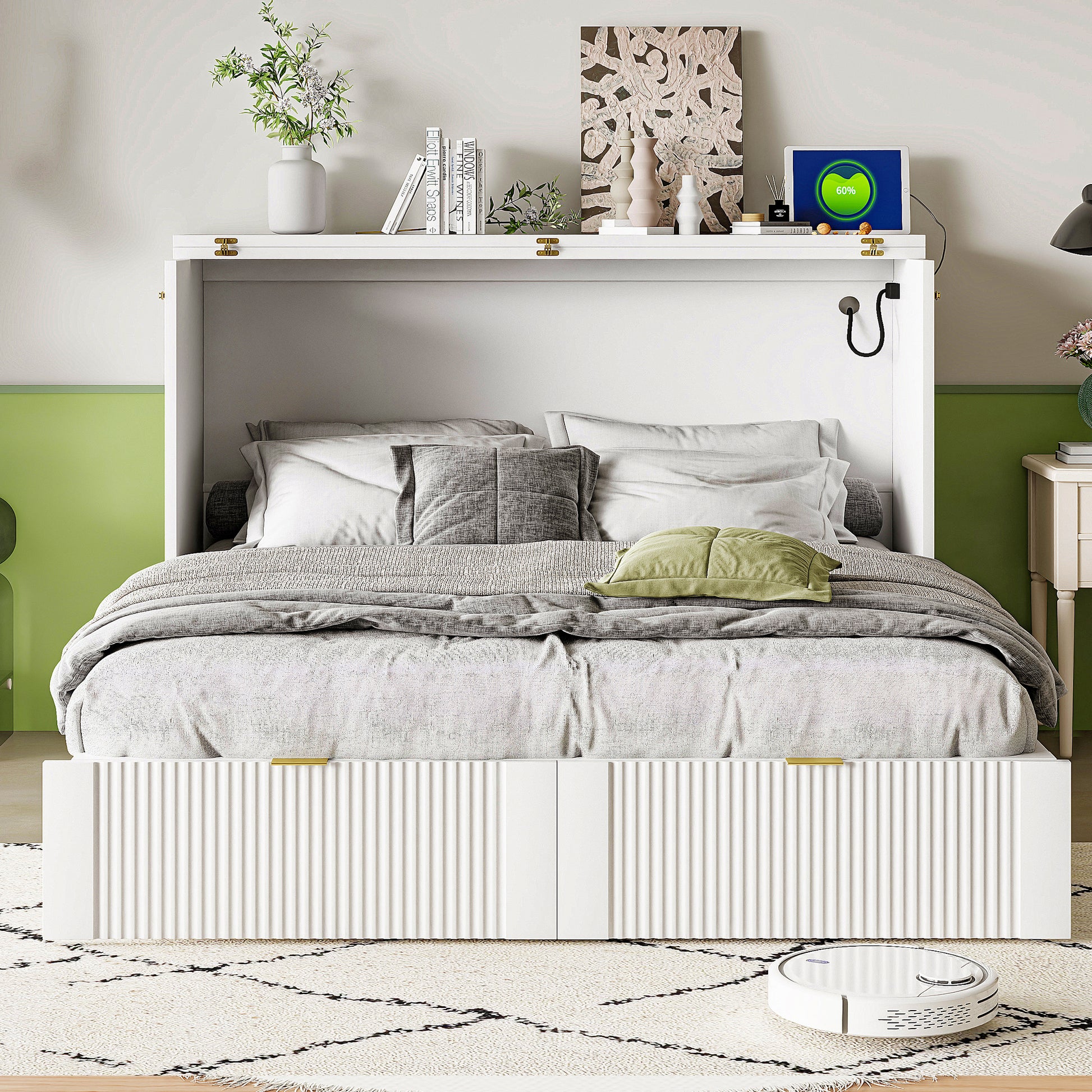 Full Size Murphy Bed With Drawer And A Set Of Sockets & Usb Ports, Pulley Structure Design, White Full White Plywood
