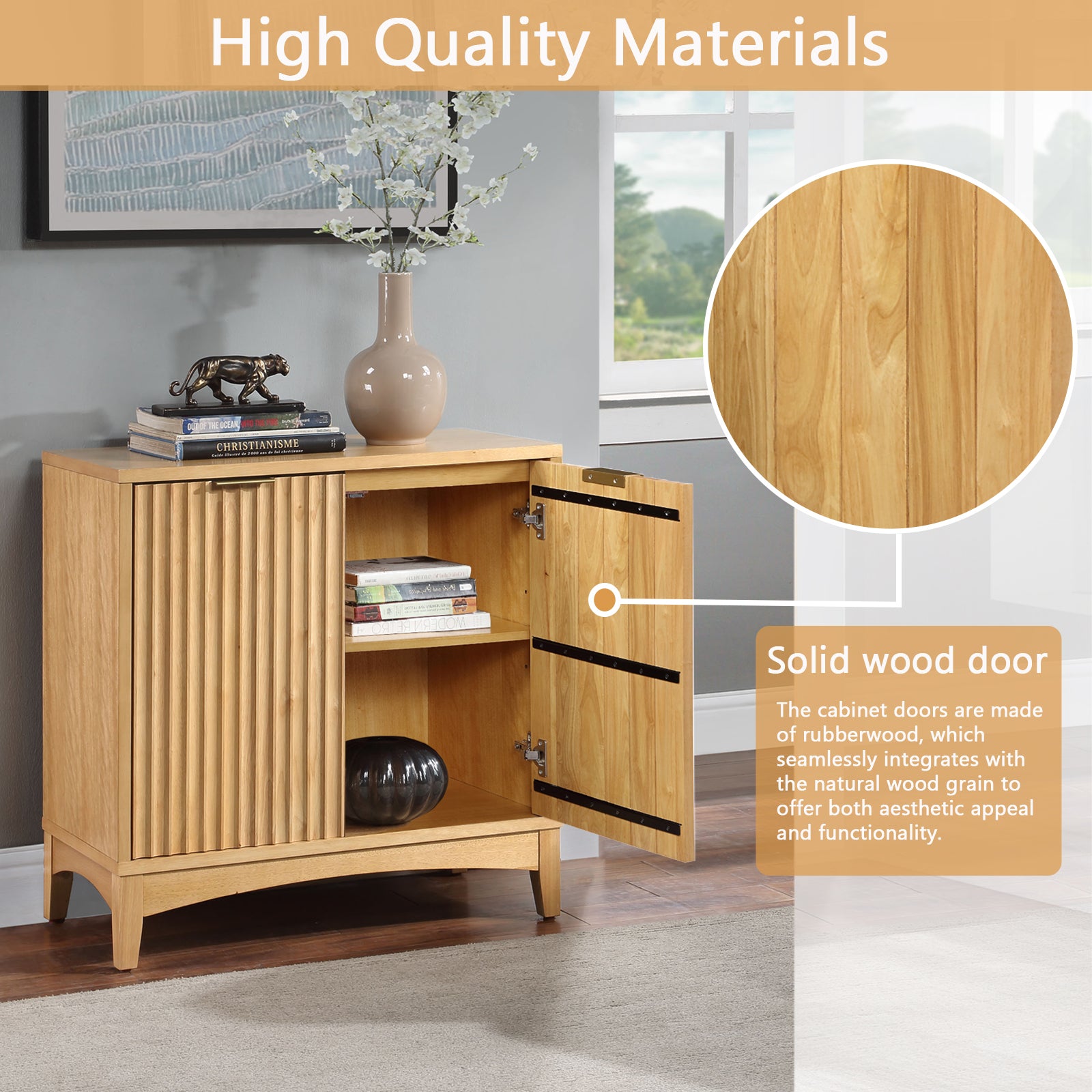 Storage Cabinet With 2 Doors And Adjustable Shelves, Kitchen Cabinetwooden Buffet Cabinet For Living Room, Bedroom, Dining Room,Natural Natural Rubber Wood