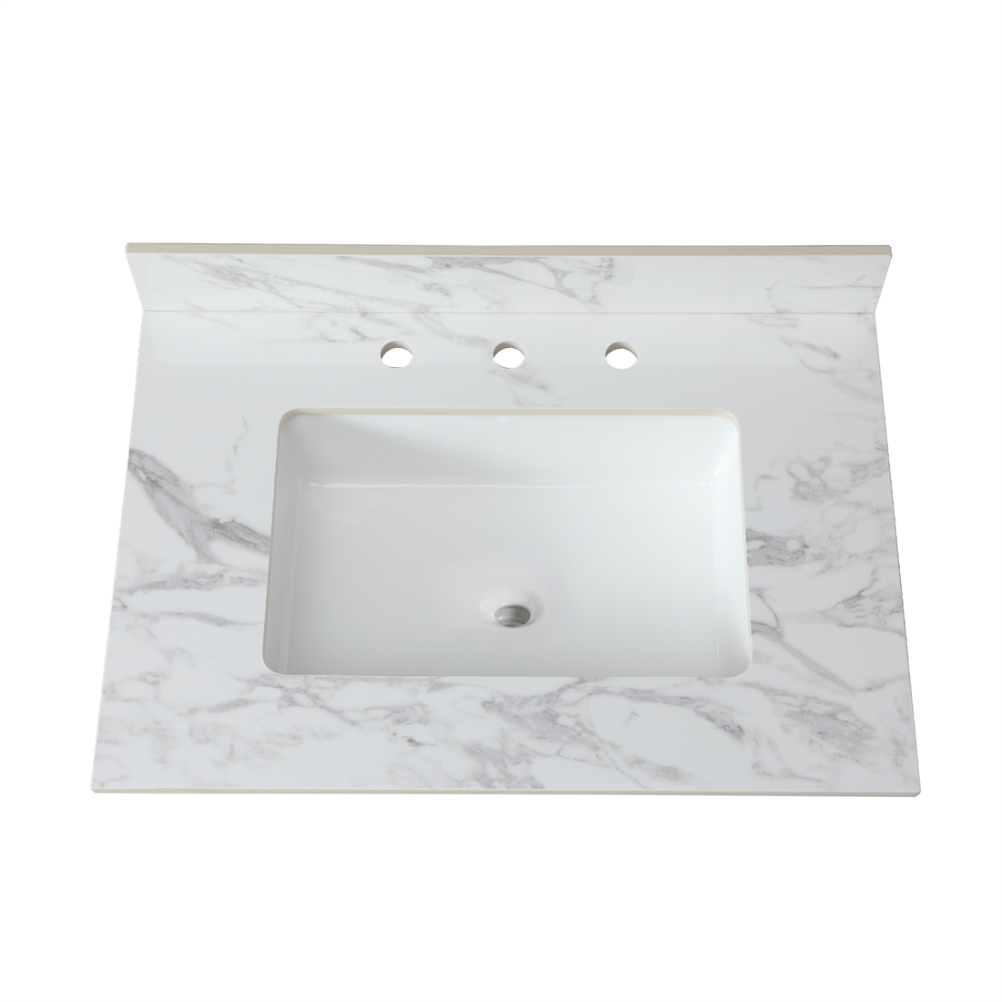 31"X22"Bathroom Vanity Top,Sintered Stone Carra Whitebarthroom Vanity Sink Tops With Rectangular Undermount Ceramic Sink With Vanity Backsplash, Three Faucet Hole Bathroom Vanity Countertop White