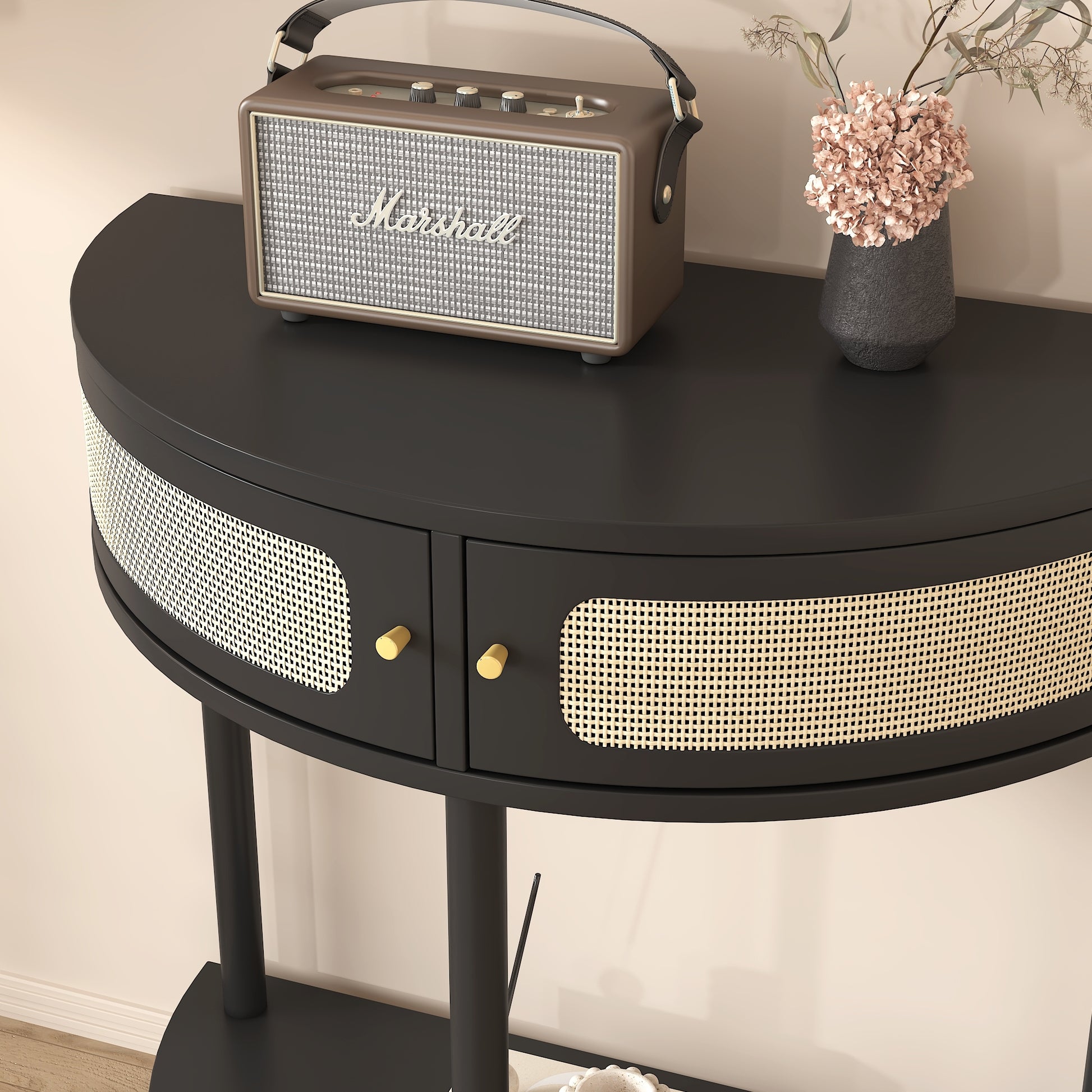 Unique Half Moon Design End Table With Rattan Door,Elegant Semicircle Sofa Side Table With 2 Rattan Storage Cabinet And Bottom Shelf For Living Room, Bedroom Black Primary Living Space Boho Freestanding Semicircular Drawers Coffee & End Tables Polished