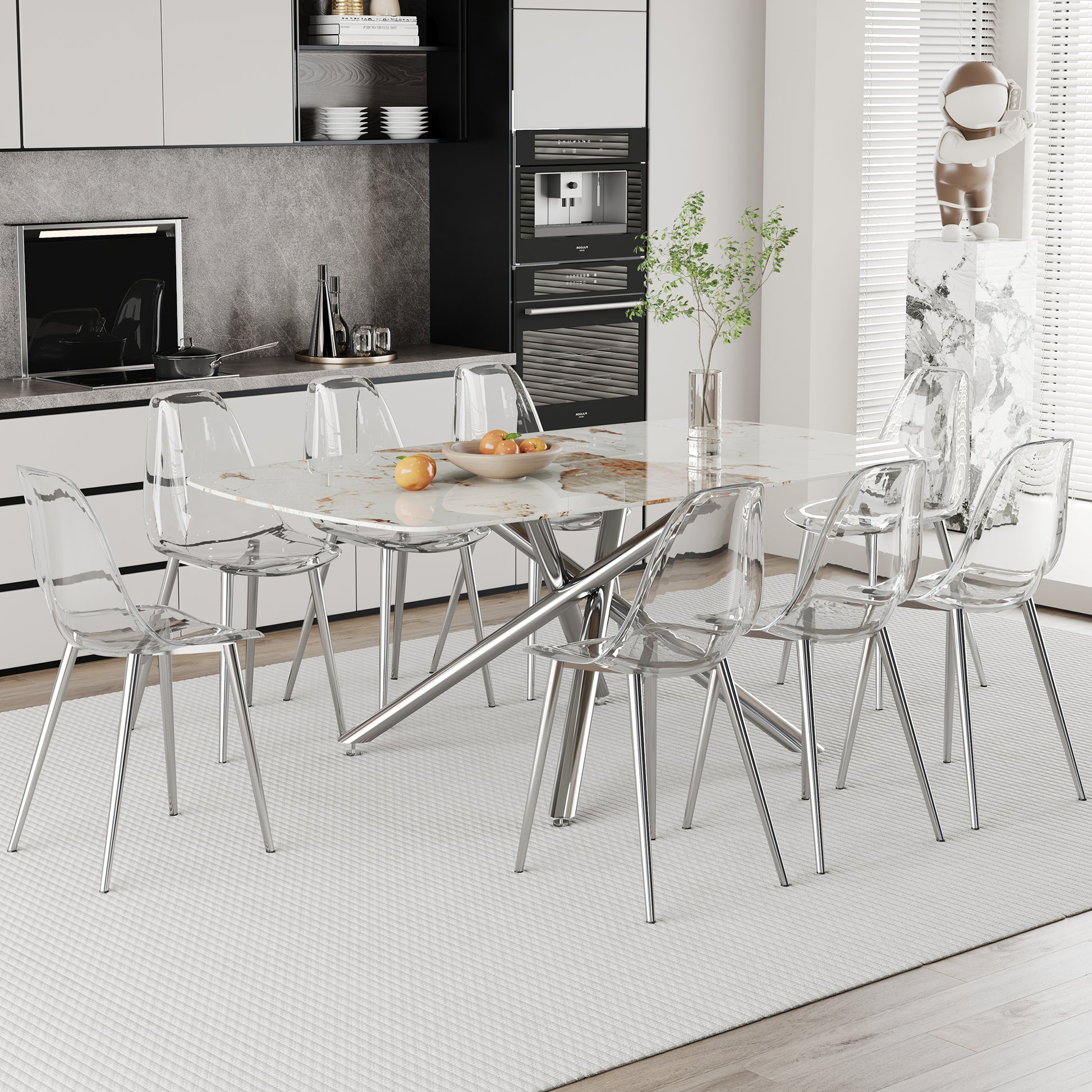 Table And Chair Set.Modern Luxurious White Marble Patterned Tempered Glass Dining Table Set With Transparent Pp Chairs.8 Transparent High Quality Pp Dining Chairs With Silver Legs. White Silver