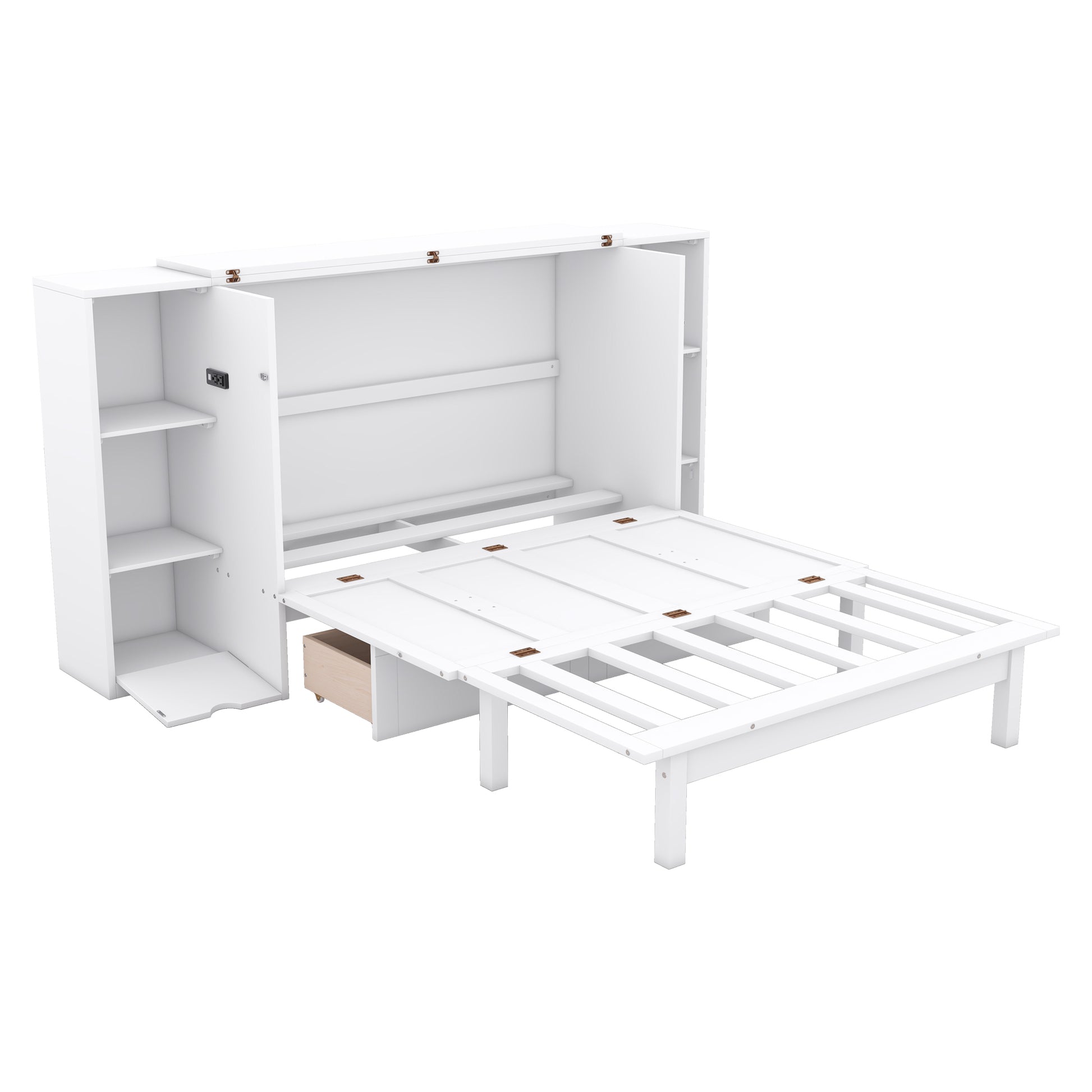 Full Size Murphy Bed With Shelves, Drawers And Usb Ports,White White Mdf Lvl