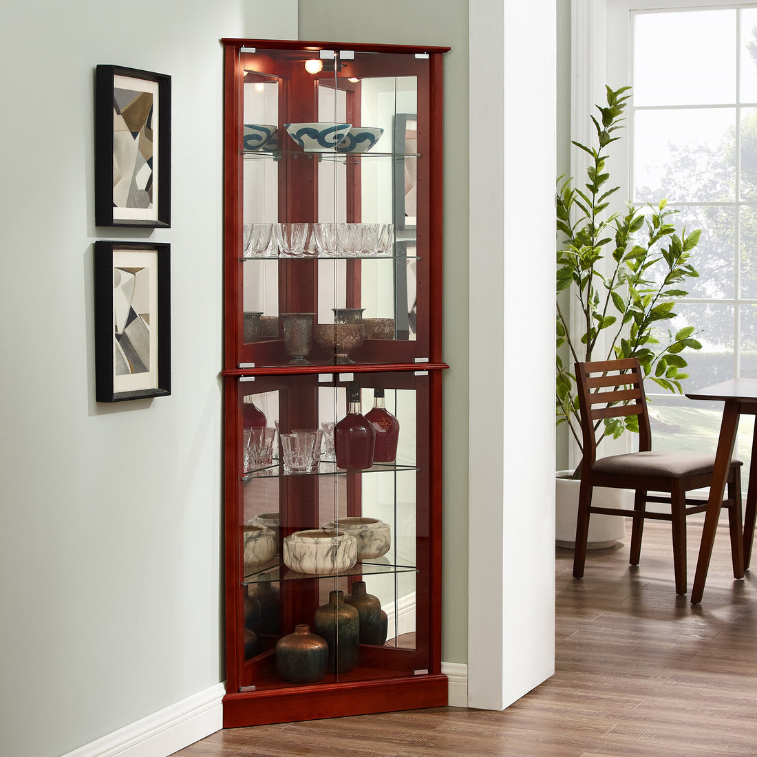 Corner Curio Dispaly Cabinet With Lights, Adjustable Tempered Glass Shelves, Mirrored Back,Cherry E26 Light Bulb Not Included Cherry Mdf