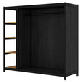 Full Size Floor Bed Frame With Wardrobe, Metal Floor Bed With Storage Shelves, Black Full Black Metal