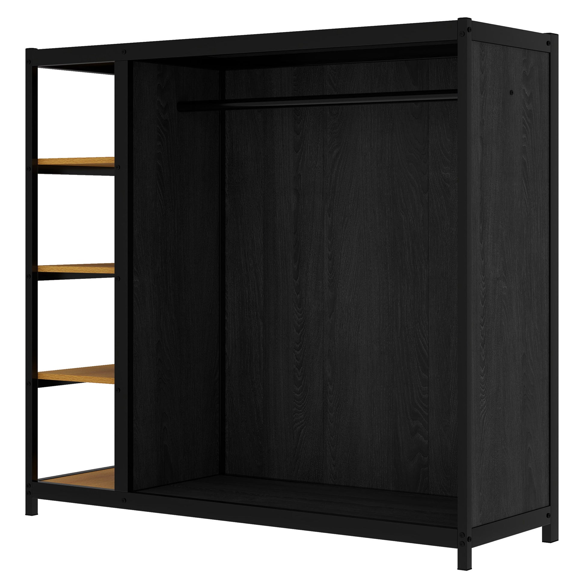 Full Size Floor Bed Frame With Wardrobe, Metal Floor Bed With Storage Shelves, Black Full Black Metal