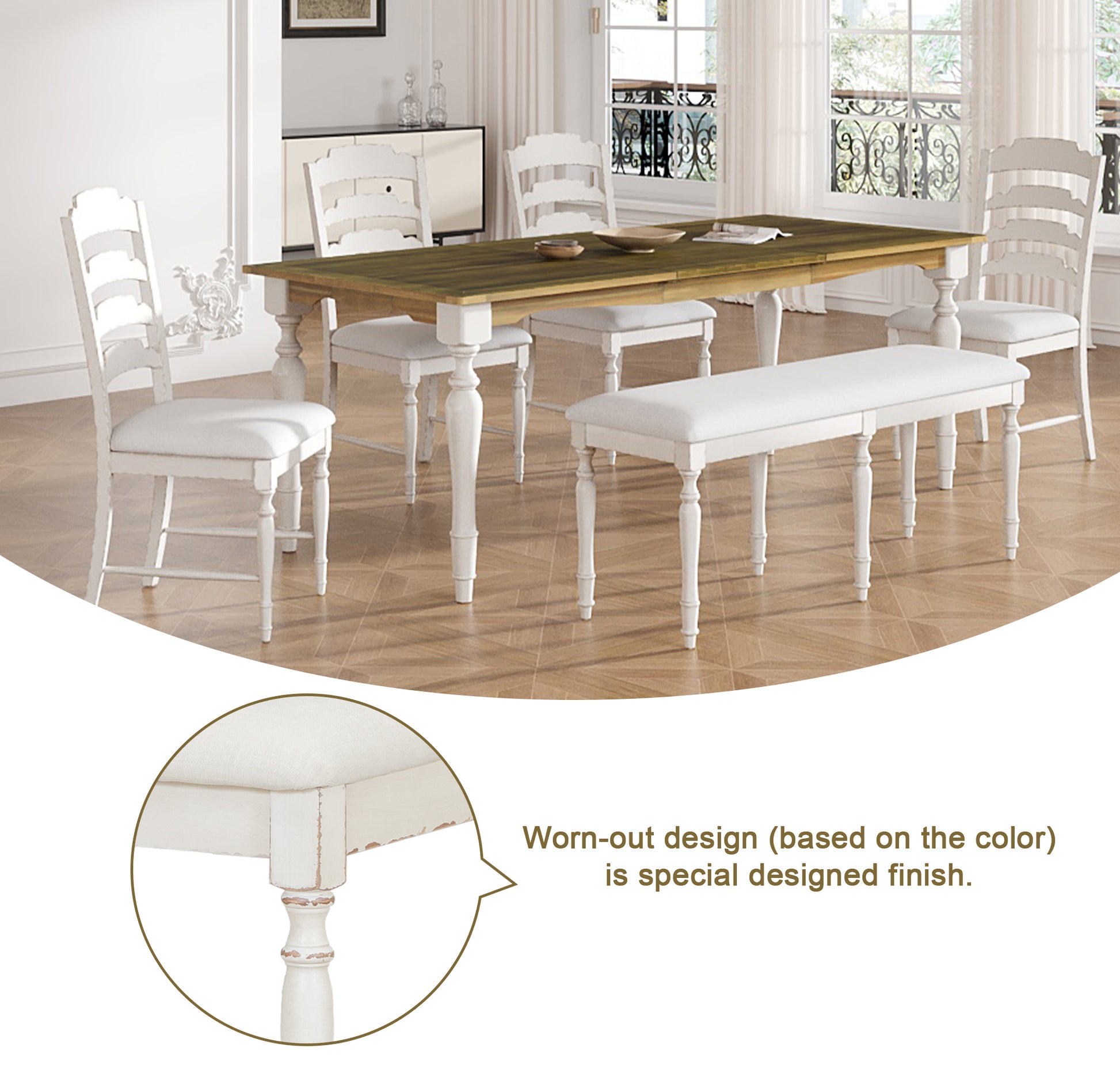 Vintage Traditional 6 Piece 82.7Inch Extendable Dining Table Set With 23.6Inch Removable Leaf, 50.4Inch Upholstered Dining Bench And 4 Chairs For 6, Brown Cream Wood Dining Room Distressed Finish Rubberwood Rectangular Dining Table With Bench Wood Wood