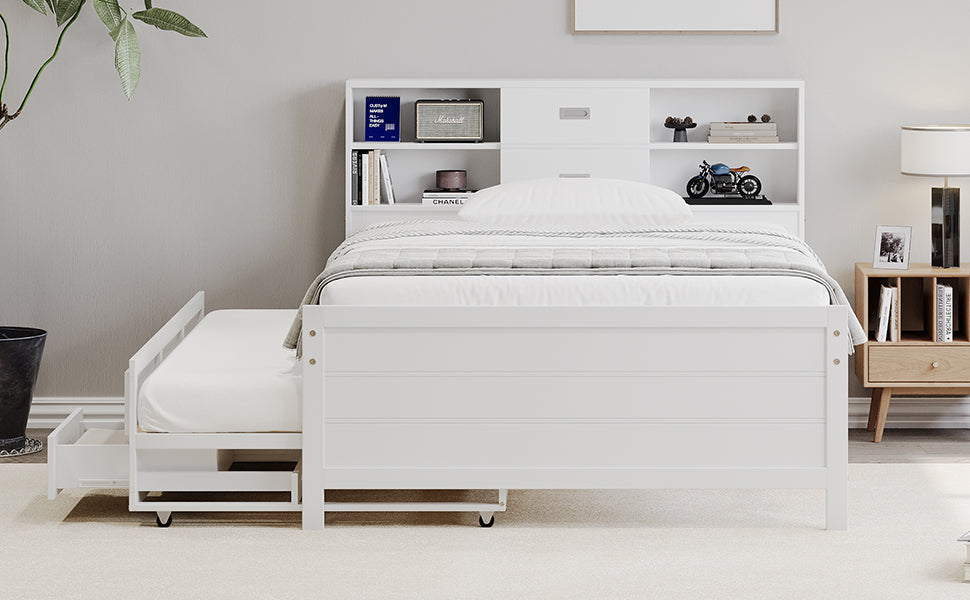 Twin Size Captain Bed With Storage Bookcase Headboard,Captain Bed With Trundle And Three Storage Drawers For Kids Teens Dorm Bedroom Multipurpose Guest Room Or Home, White Box Spring Not Required Twin White Wood Solid Wood Mdf