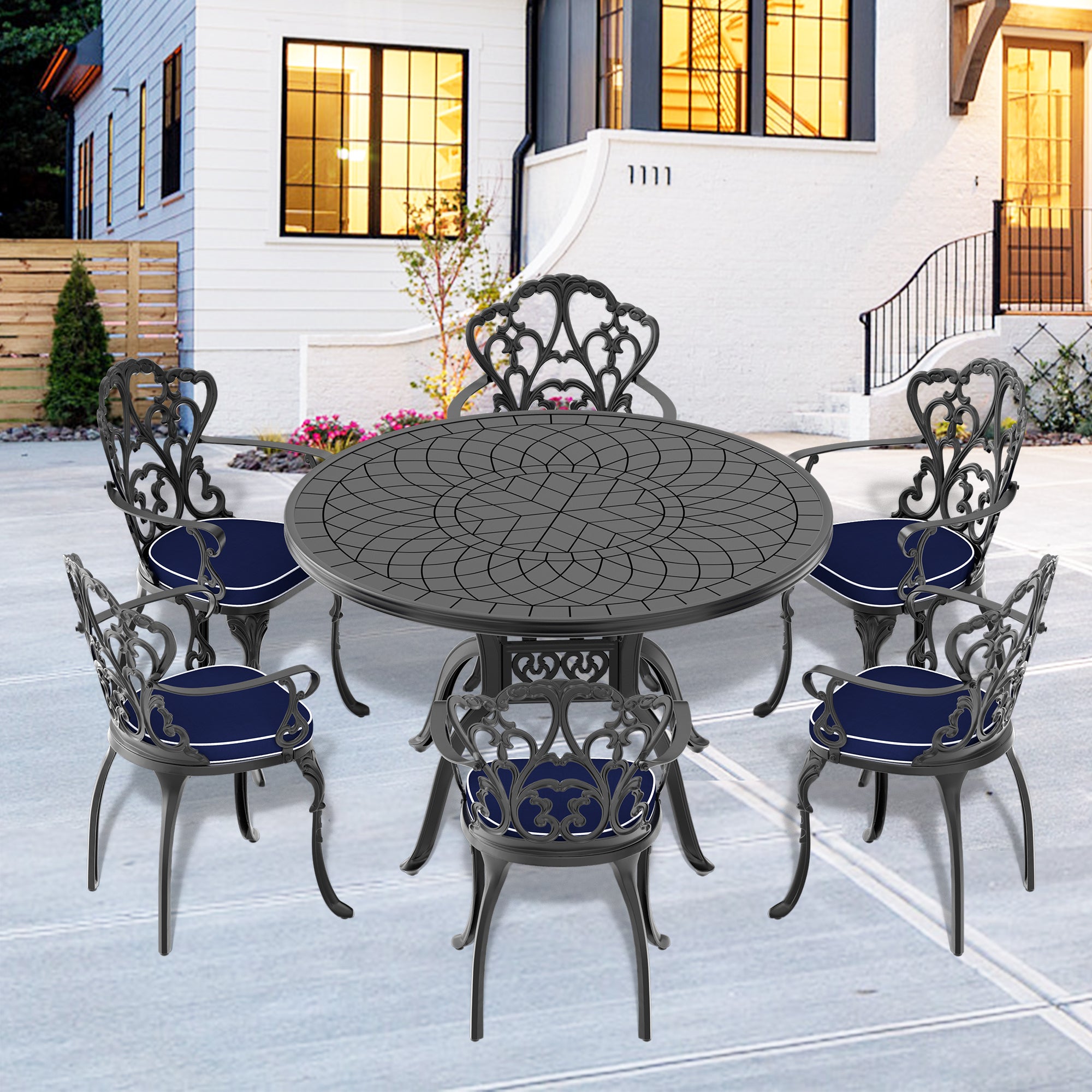 Cushions In Random Colors 7 Piece Set Of Cast Aluminum Patio Furniture With Cushions Yes Complete Patio Set Black Seats 6 Rust Resistant Frame Water Resistant Cushion Garden & Outdoor Complete Patio Sets Aluminium