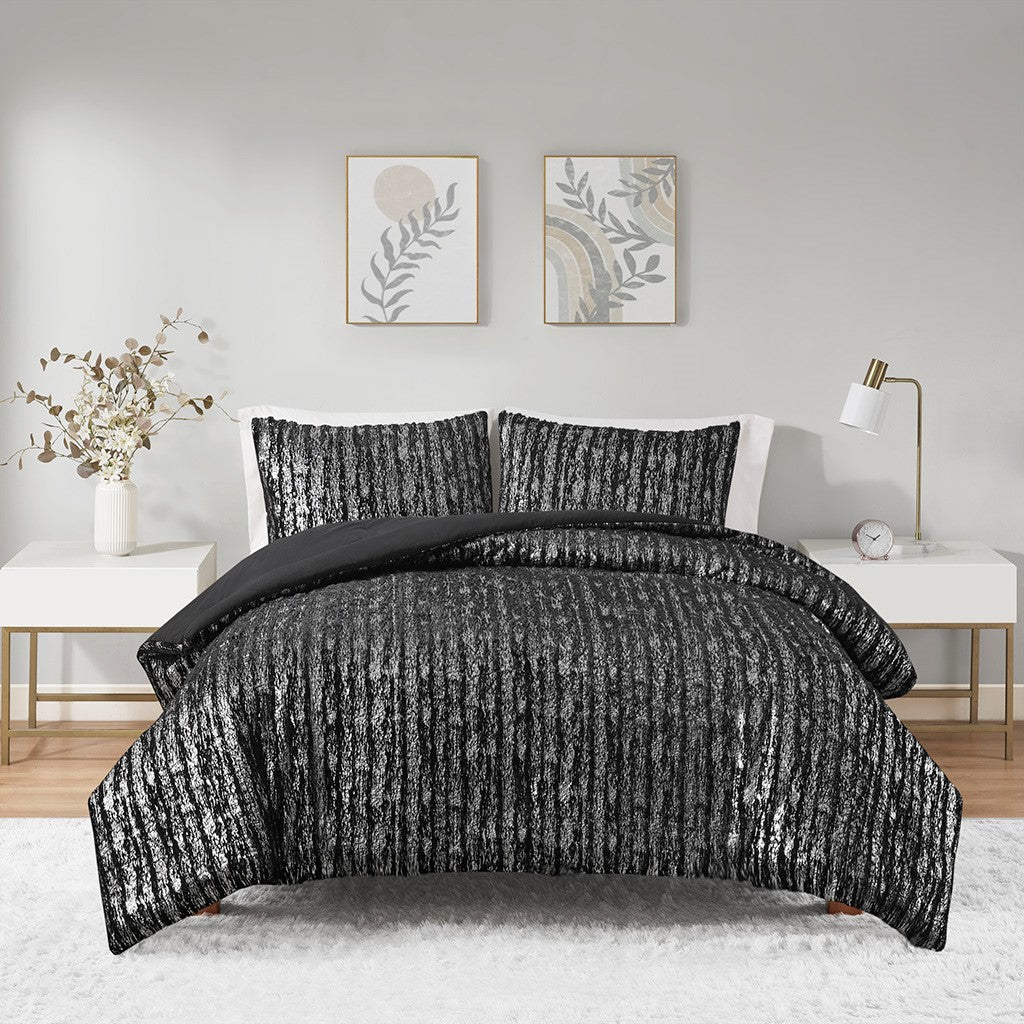 Metallic Print Faux Fur Comforter Set Queen Black Silver Polyester