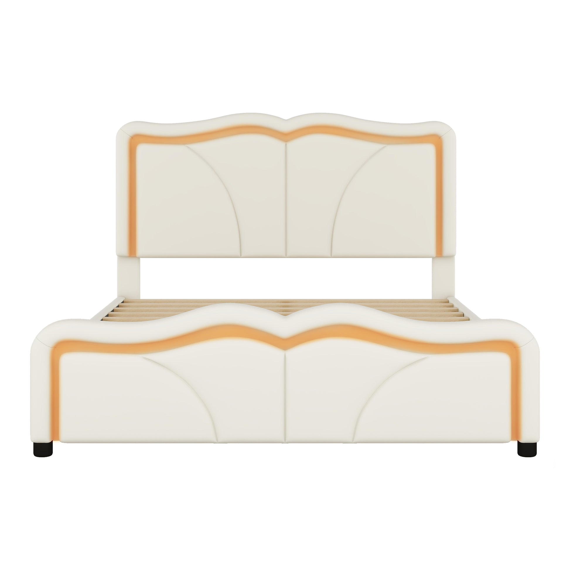 Full Size Upholstered Platform Bed With Curve Shaped And Height Adjustbale Headboard,Led Light Strips,White Full White Upholstered