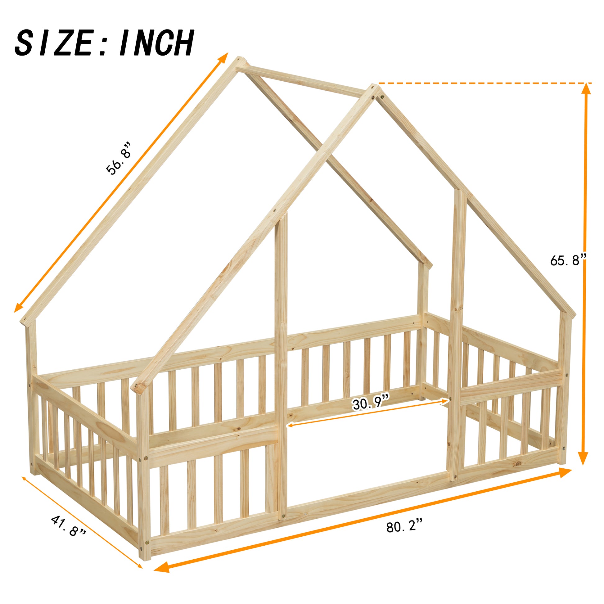 Twin Wood House Shaped Floor Bed With Fence, Guardrails ,Natural Twin Natural American Design Pine