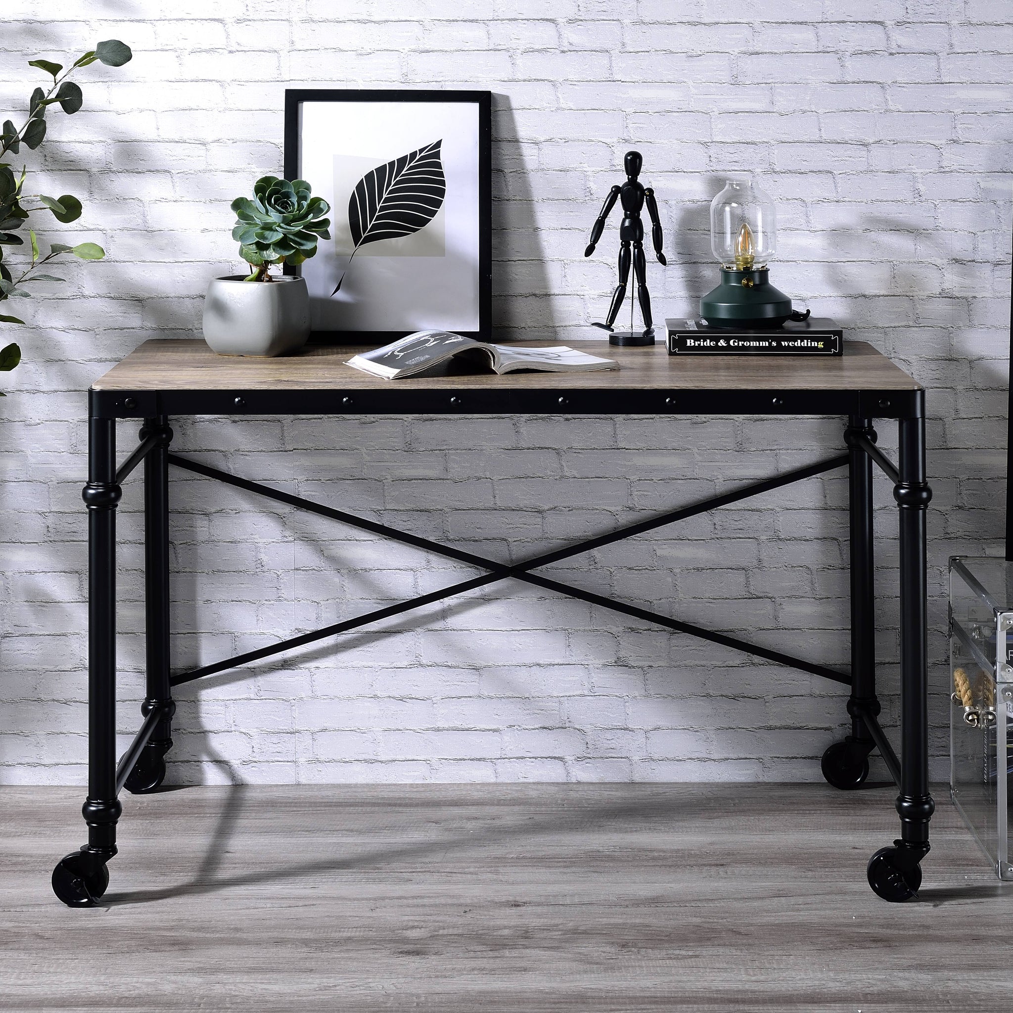 Oklarth Rustic Oak & Black Finish Writing Desk Black,Oak Metal,Synthetic Wood