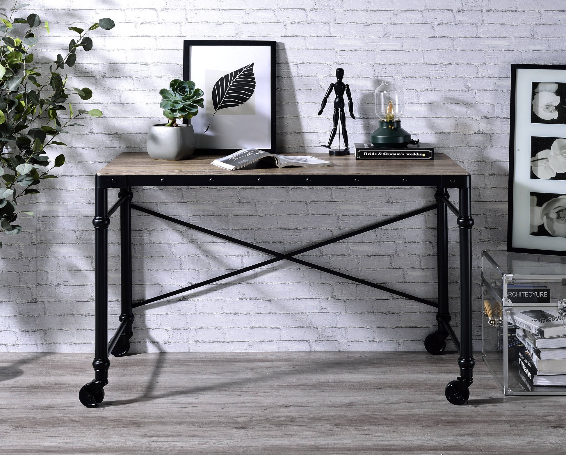 Oklarth Rustic Oak & Black Finish Writing Desk Black,Oak Metal,Synthetic Wood