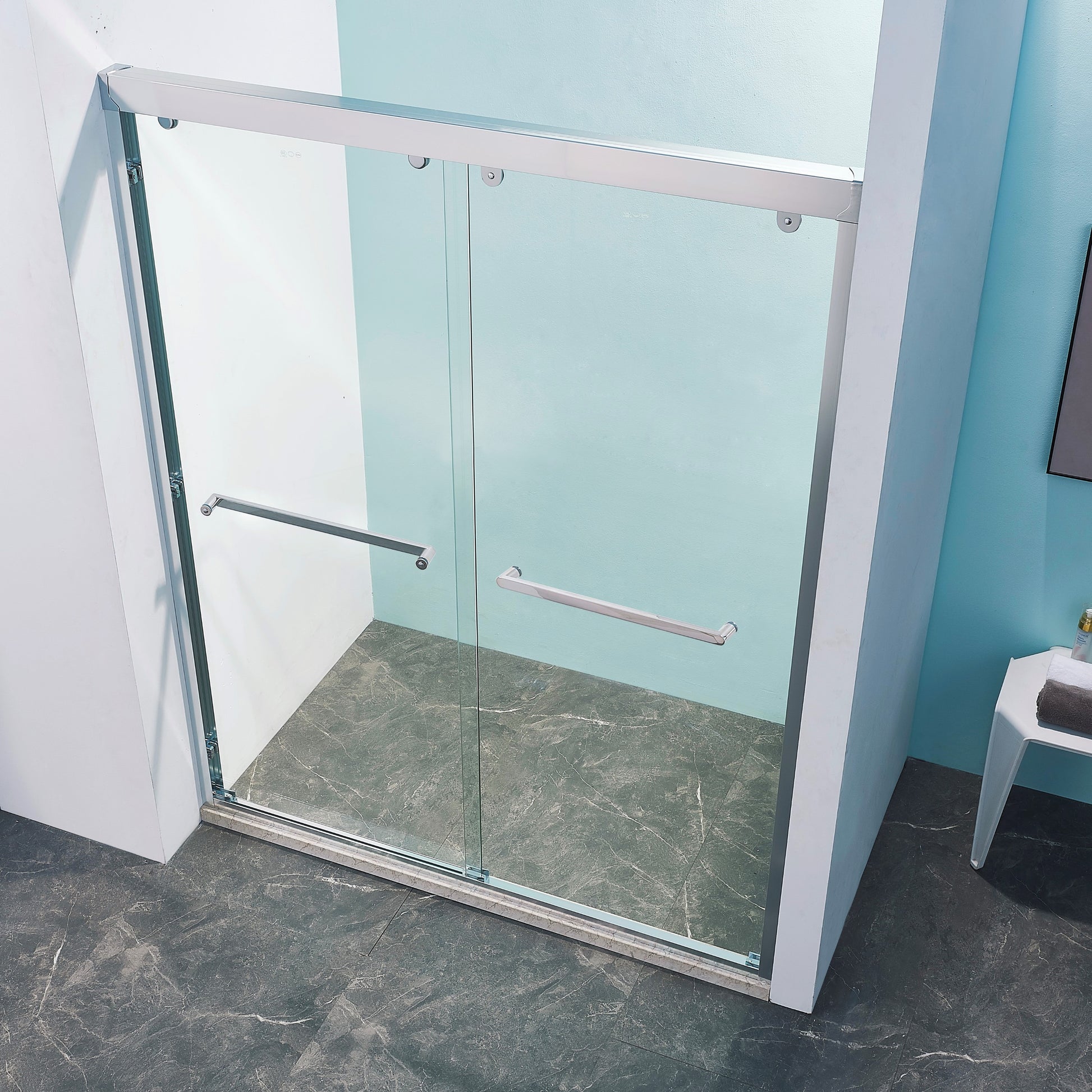 56 60"W X 76"H Double Sliding Shower Door, Aluminium Alloy Frame In Chrome, 5 16" 8Mm Thick Sgcc Tempered Clear Glass. Chrome Bathroom Classic,Luxury,Modern Glass Aluminium Alloy