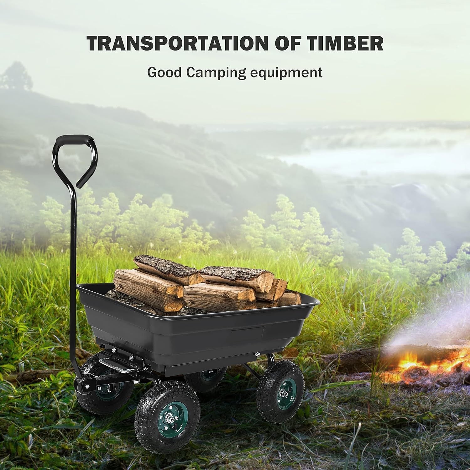 Garden Dump Cart With Steel Frame, Heavy Duty Outdoor Wagon With 10 Inch Pneumatic Rubber Tires, 660Lbs Max Capacity, Black Black Polypropylene