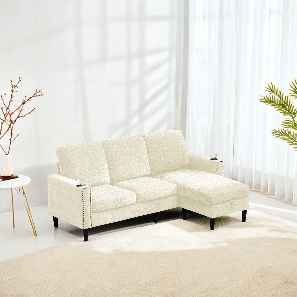 Modern Design Chenille 3 Seat L Shape Sectional Sofa With Storage Chaise For Apartment, Studio, Office,Living Room,L Shape Off White Off White Chenille Metal Primary Living Space Soft Modern Foam