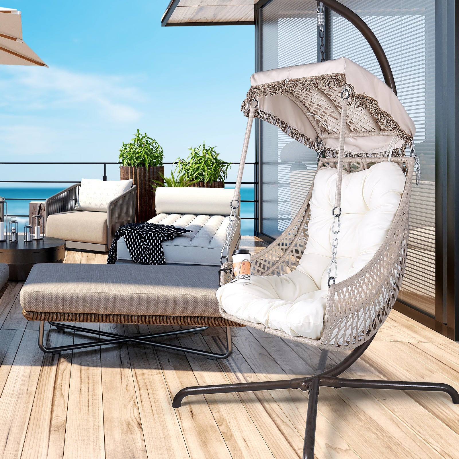 Swing Egg Chair With Stand Indoor Outdoor, Wicker Rattan Frame 350Lbs Capacity Hammock Chair For Patio Bedroom With Sunshade Cloth, Courtyard, Cushion And Pillow Beige Leaf Rattan Metal