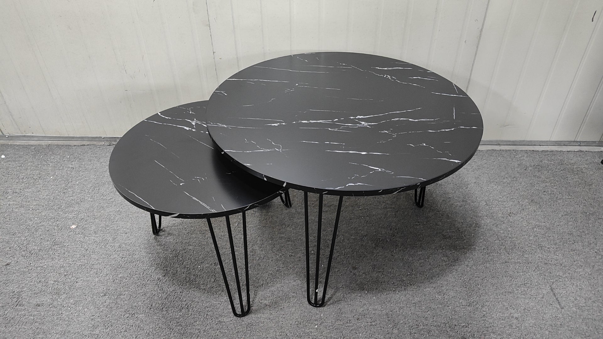 27.56'' Round Nesting Coffee Table Set Of 2, Circular Nesting End Table Set, Round Marble Tabletop, And Sturdy Metal Base For Living Room, Bedroom, Black Black Round Wood Metal