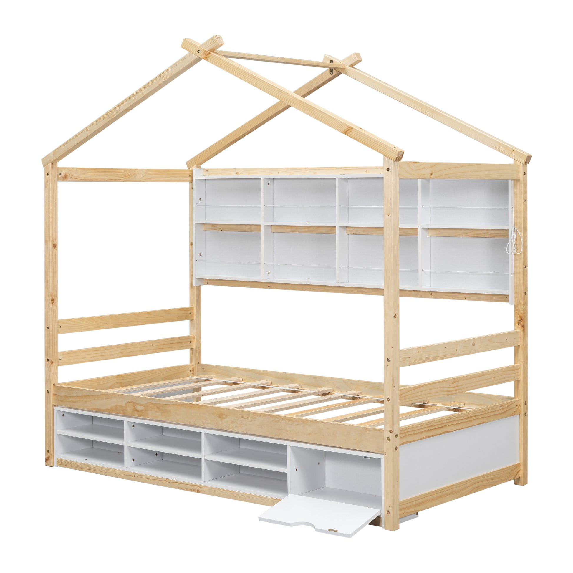 Twin House Bed With Roof Frame, Bedside Shelves, Under Bed Storage Unit,Natural Twin Natural American Design Pine