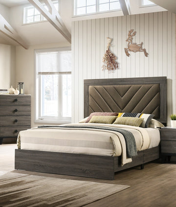 Contemporary 1Pc King Size Bed Bedroom Furniture Upholstered Headboard Rubberwood 1Pc Bedframe Gray Finish Box Spring Required California King Gray Wood Bedroom