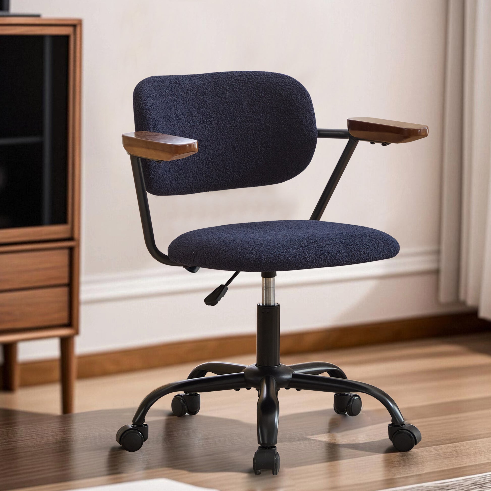 Sty Home Office Chair Ergonomic Desk Chair With Wheels Height Adjustable Desk Chair With Wooden Armrest For Home Office Teddy Fleece Blue 1Pc Blue Sherpa