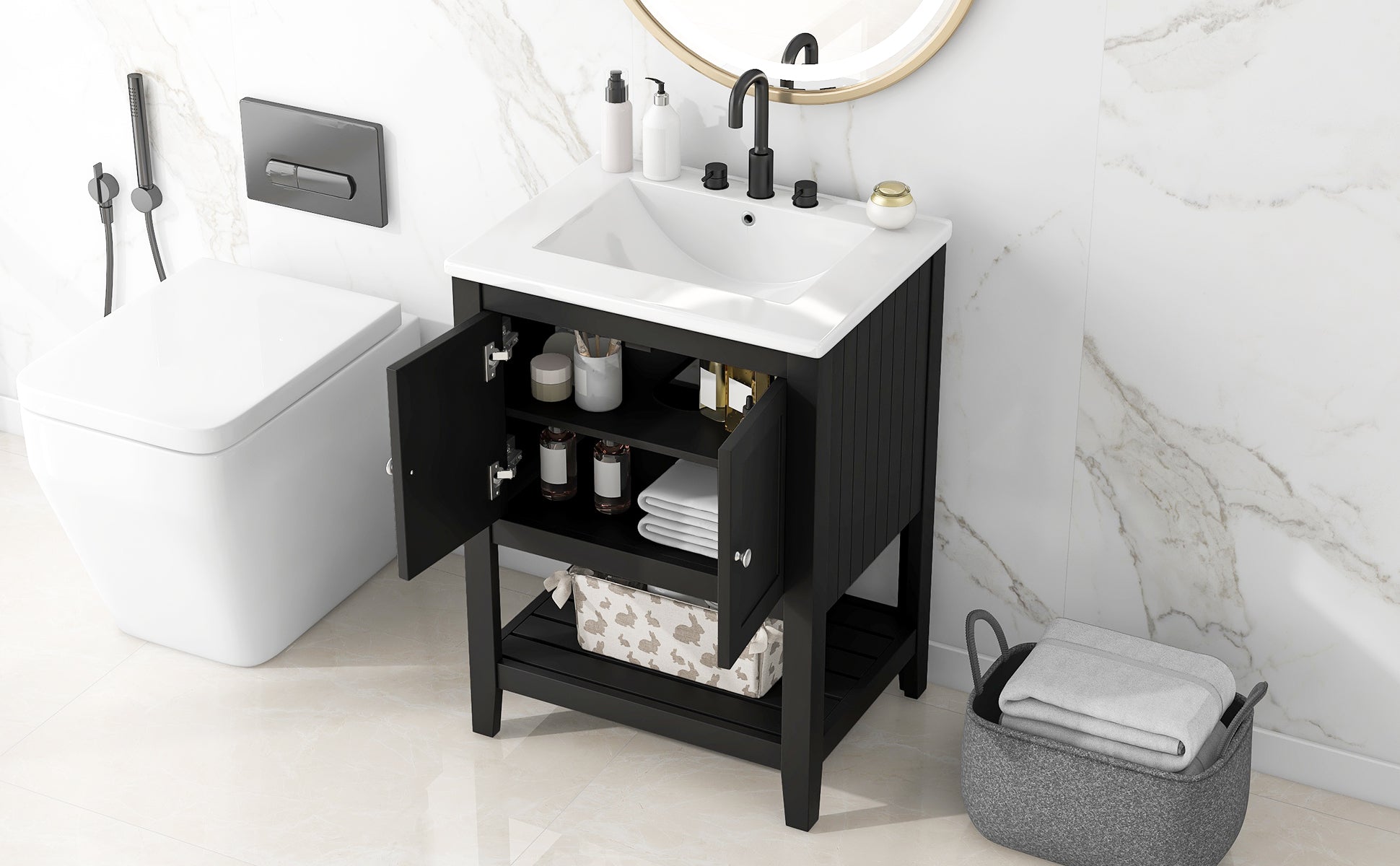Video 24" Black Modern Sleek Bathroom Vanity Elegant Ceramic Sink With Solid Wood Frame Open Style Shelf Black Solid Wood Mdf