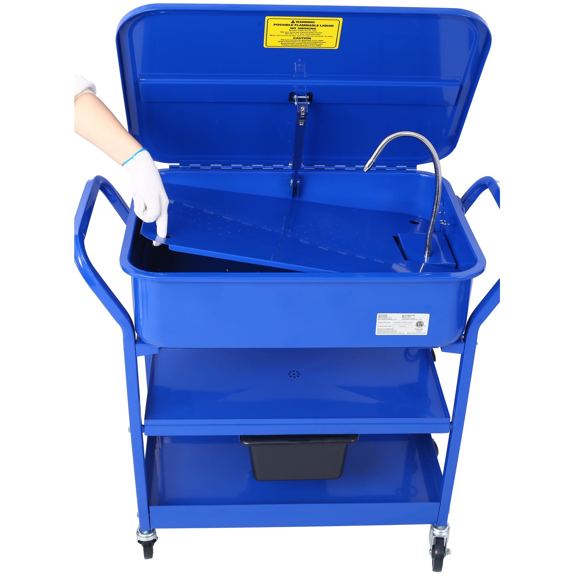 Mobile Parts Washer, 20 Gallon Capacity Portable Parts Cleaner For Use With Water Based Cleaning Solutions, Heavy Duty 20 Gauge Steel, 325 Gph Pump Power, With Drain Tray Blue Steel