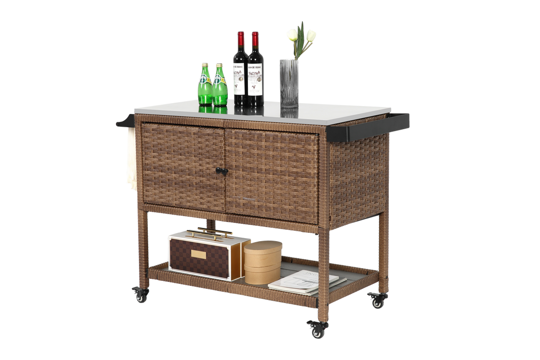 Outdoor Wicker Bar Cart, Patio Wine Serving Cart W Wheels, Rolling Rattan Beverage Bar Counter Table W Glass Top For Porch Backyard Garden Poolside Party, Brown No Brown Garden & Outdoor Steel