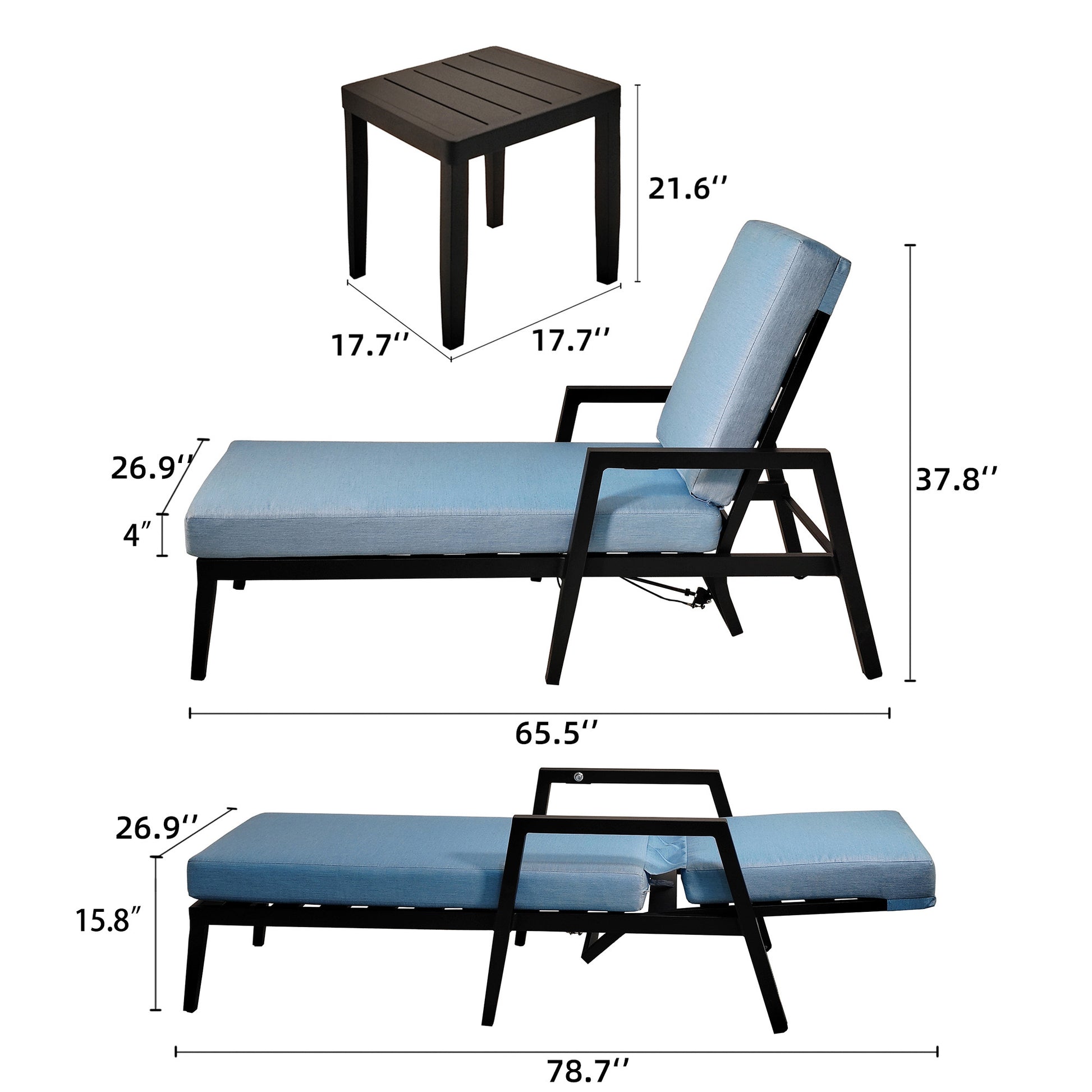 3Pc Outdoor Aluminum Patio Furniture Chaise Lounge Set, 2 Chaise & 1 End Table With Modern Tapered Feet,Pneumatic Adjustable Backrest For Effortless Reclining, Wheels, Sunbrella Cushion, Ember Black Yes Deep Seating Ember Black Rust Resistant Frame