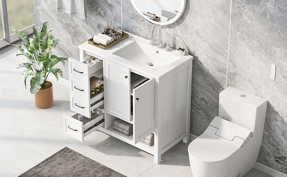 36" Bathroom Vanity With Sink Top, Bathroom Vanity Cabinet With Two Doors And Two Drawers, Solid Wood, Open Shelf, Mdf Boards, One Package, White White Solid Wood Mdf