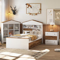 3 Pieces Bedroom Sets, Twin Size House Shaped Wooden Bed With Storage Drawers, Nightstand With Colorblock Design And House Shaped Stroage Rack, Brown White Twin Brown White 3 Piece Set Wood