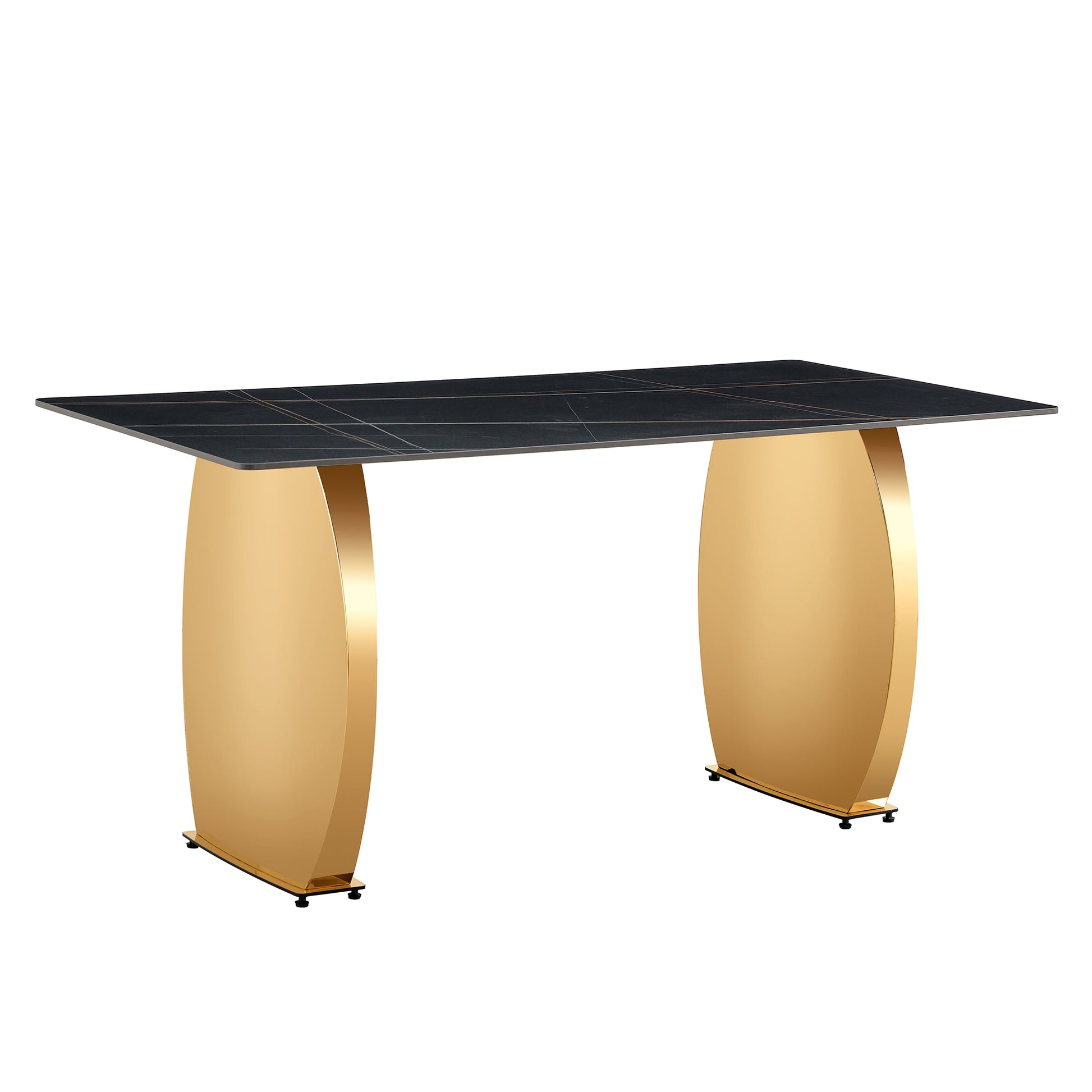 Table And Chair Set,Modern Rectangular Table With 0.4 Inch Black Patterned Tabletop And Gold Legs, Suitable For Kitchen, Dining Room, And Living Roomcomfortable Pu Seats,Perfect For Dinner, Meet Grey Black Seats 6 Sintered Stone