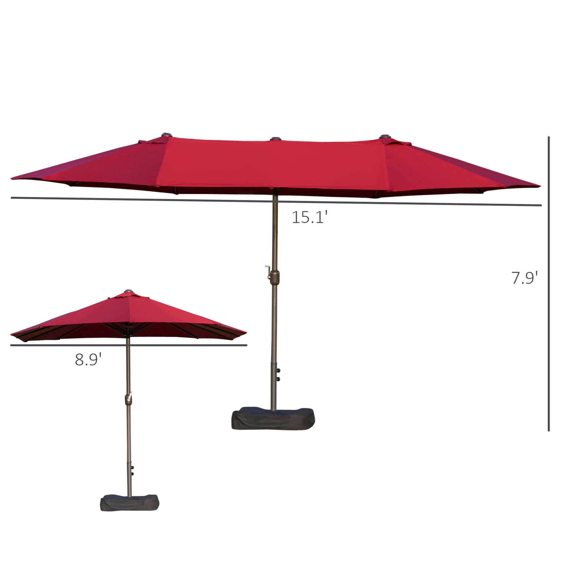 Outsunny Patio Umbrella 15' Steel Rectangular Outdoor Double Sided Market With Base, Sun Protection & Easy Crank For Deck Pool Patio, Wine Red Red Steel