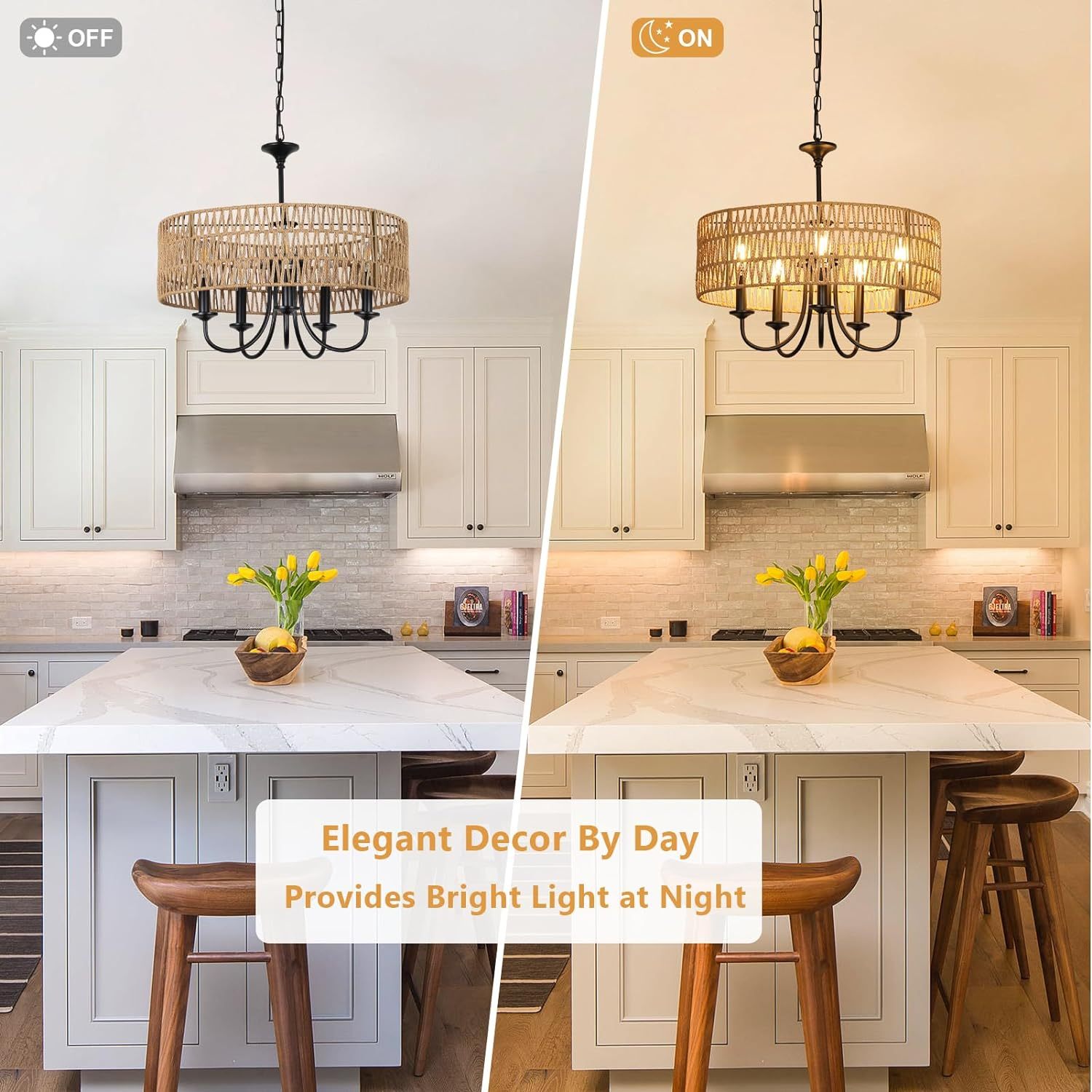 Modern Farmhouse Chandelier Light Fixtures, 5 Lights Large Rattan Pendant Lighting With Hand Woven Wicker Shade, Boho Black Chandeliers For Dining Room Living Room Kitchen Island Bedroom Brown Rattan Metal