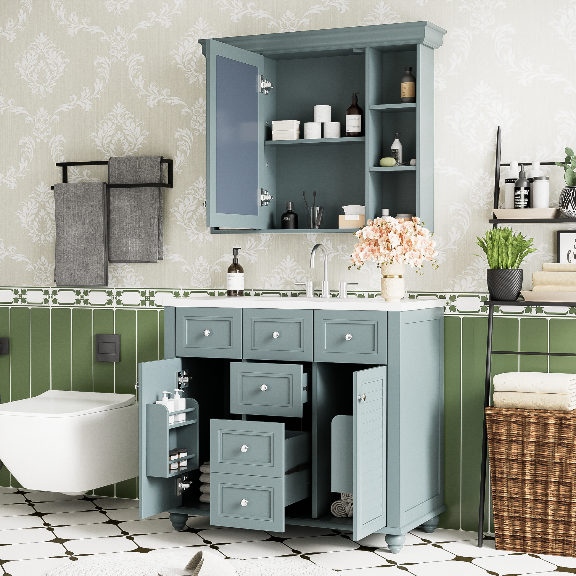 36'' Bathroom Vanity With Medicine Cabinet, Modern Mirror Cabinet With Adjustable Shelf, Bathroom Storage Cabinet With 2 Soft Closing Doors And 2 Drawers, Bathroom Vanity With Cabinet Door Organizers 2 Blue 2 Bathroom Freestanding French Country Solid