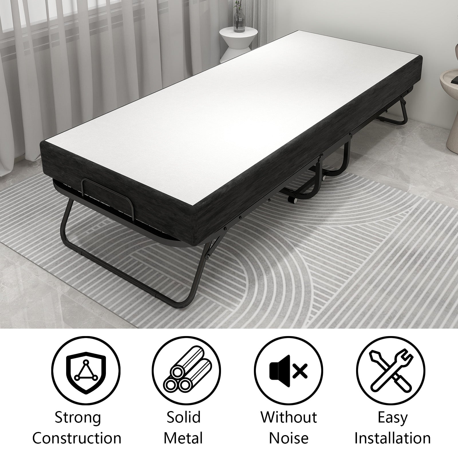 Deluxe Diplomat Folding Bed Twin Size With Luxurious Memory Foam Mattress And A Super Strong Sturdy Frame White Black Metal