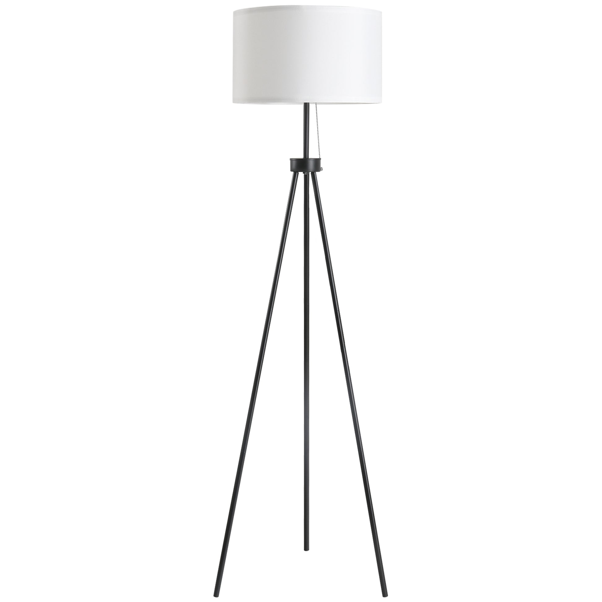 Homcom 59.75" Tripod Floor Lamp With Pull Chain Standing, Fabric Lampshade E26 Lamp Holder Steel For Living Room, Bedroom, Office, Black Black Glass Metal
