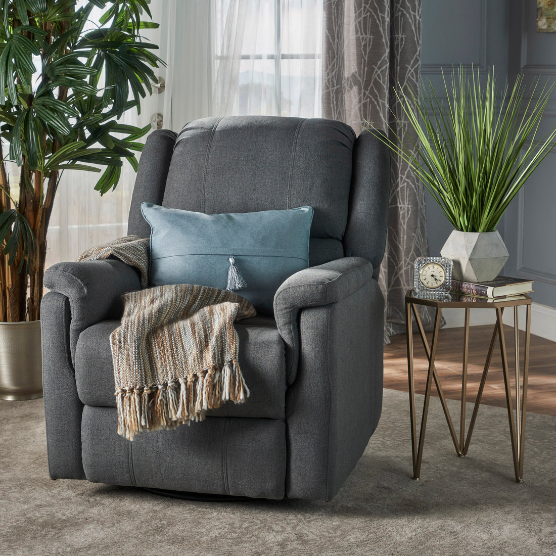 Charcoal Fabric Glider Recliner With Swivel, Manual Reclining Chair Charcoal Fabric