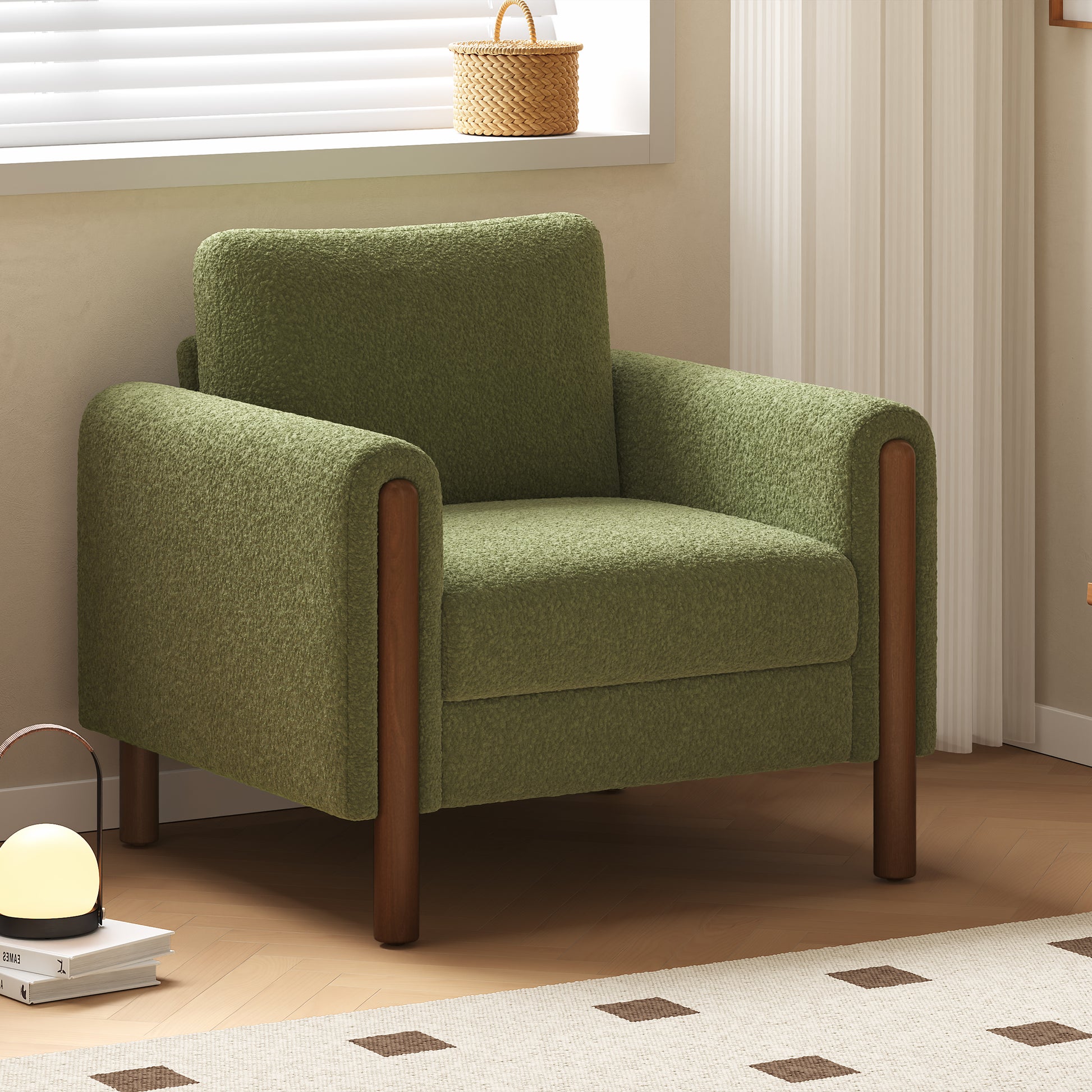 Oversized Accent Chair, Upholstered Living Room Chairs Single Sofa Chair With Walnut Legs, Curved Handrail, Green Green Teddy