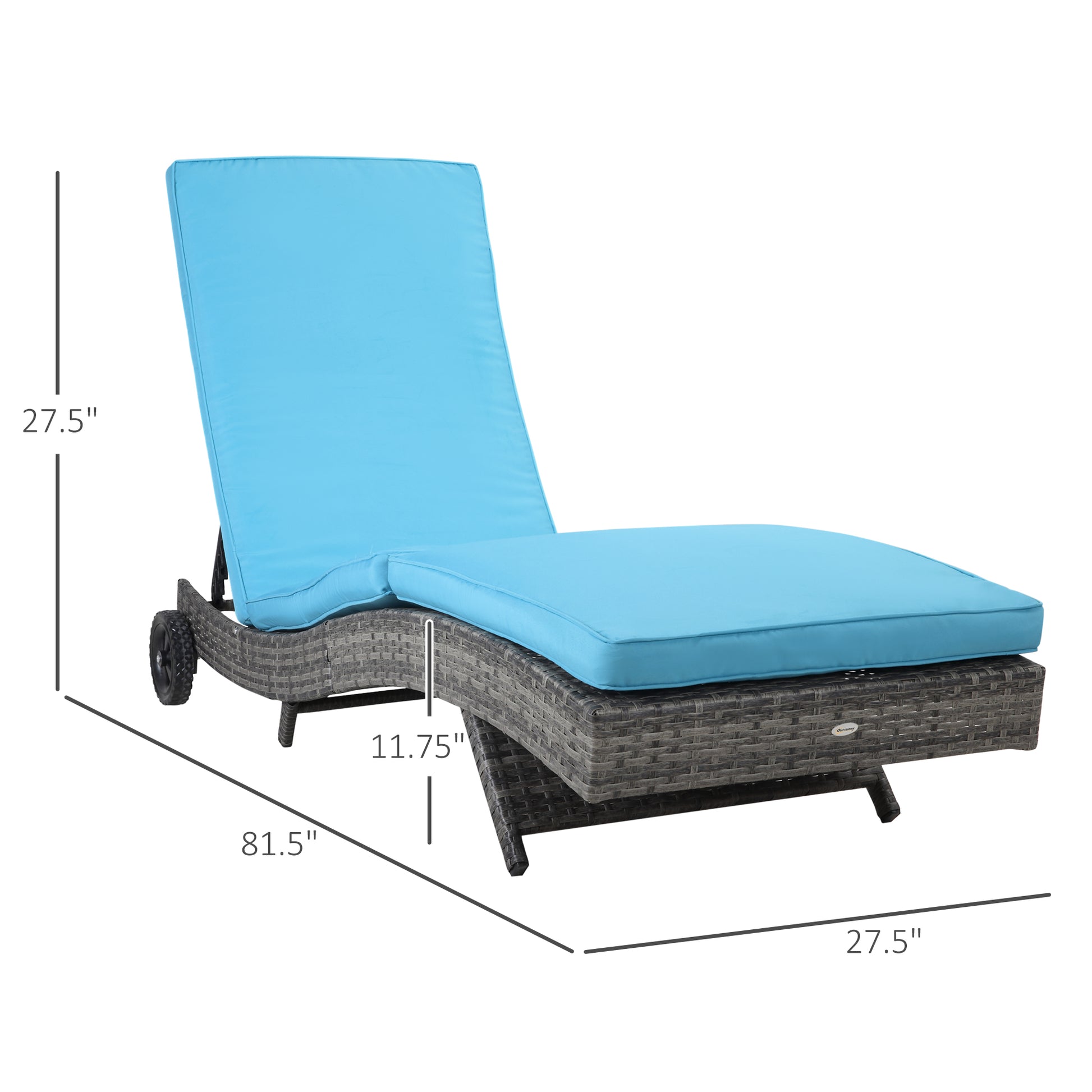 Outsunny Wicker Chaise Lounge Pool Chair, Outdoor Pe Rattan Cushioned Patio Sun Lounger W 5 Level Adjustable Backrest & Wheels For Easy Movement, Sky Blue Blue Rattan