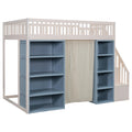 Full Size Loft Bed With 2 Four Layer Storage Cabinets And Curtain,White Blue White Solid Wood Mdf