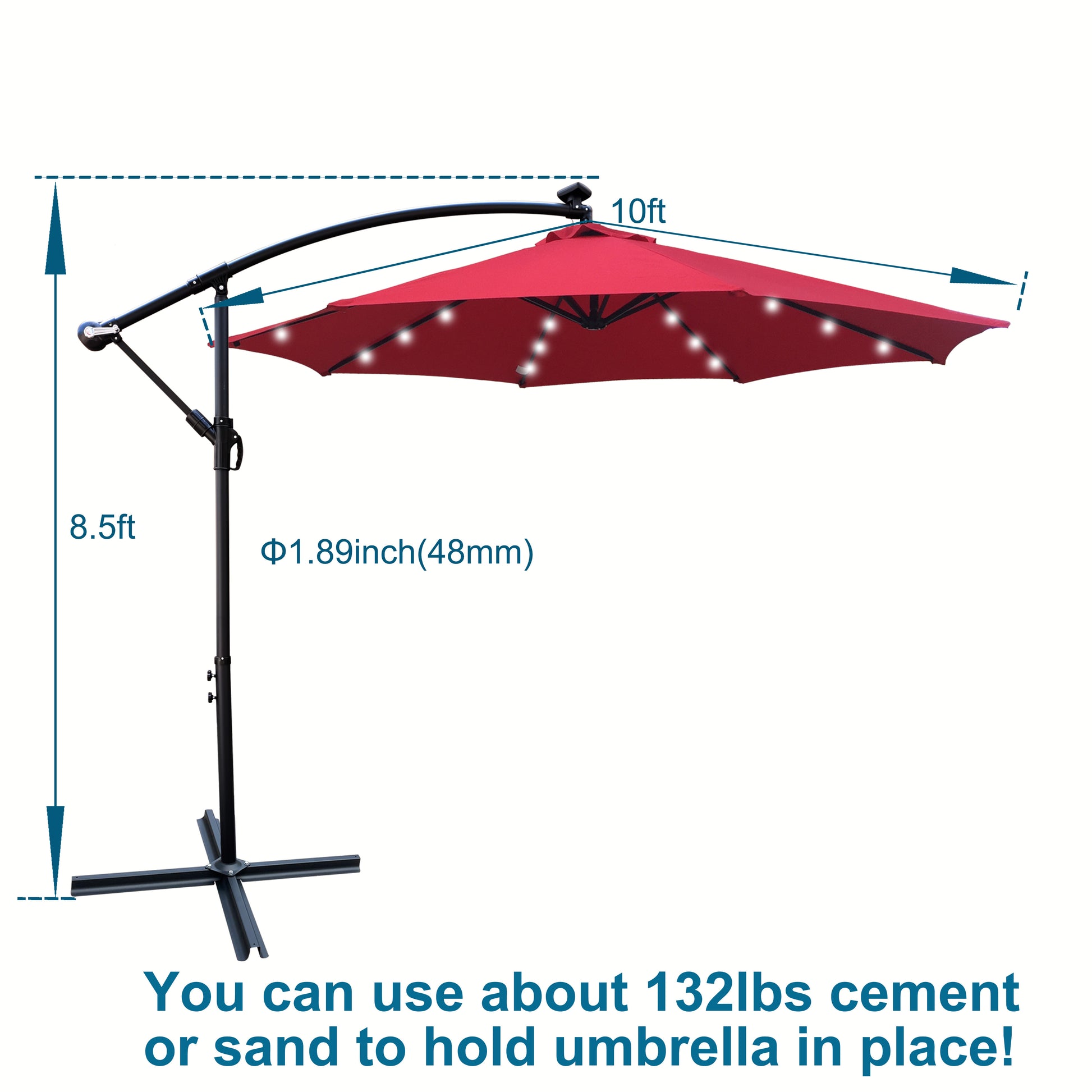 10 Ft Outdoor Patio Umbrella Solar Powered Led Lighted 8 Ribs Umbrella With Crank And Cross Base For Garden Outside Deck Swimming Pool Red Metal