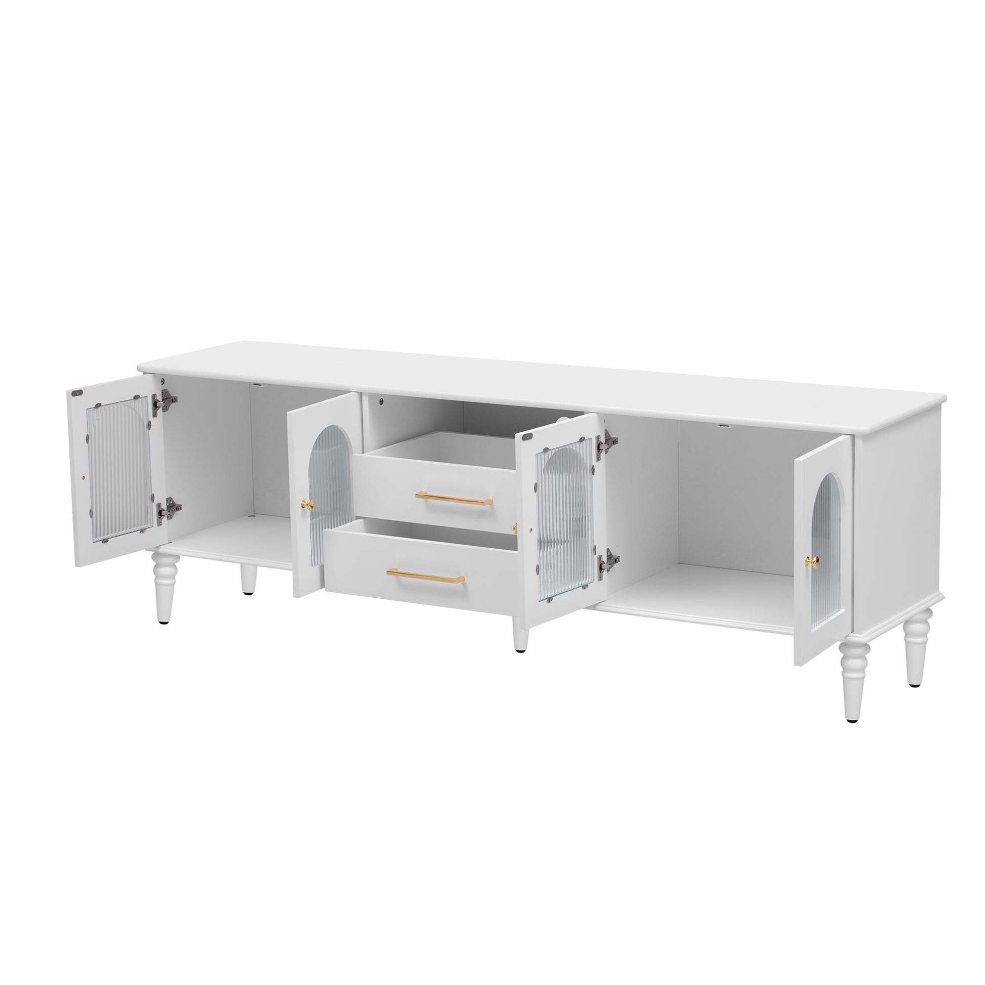68.9'' Retro Tv Stand For Tvs Up To 75 Inches, Entertainment Center Media Console With Fluted Glass Doors And Five Solid Wood Legs For Living Room White 70 79 Inches Mdf