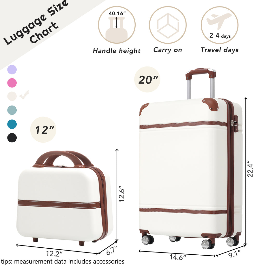 20 In Hardside Luggage With Cosmetic Case2 Piece Lightweight Suitcase Set With Spinner Wheels, Carry On Vintage Luggage,White White Abs