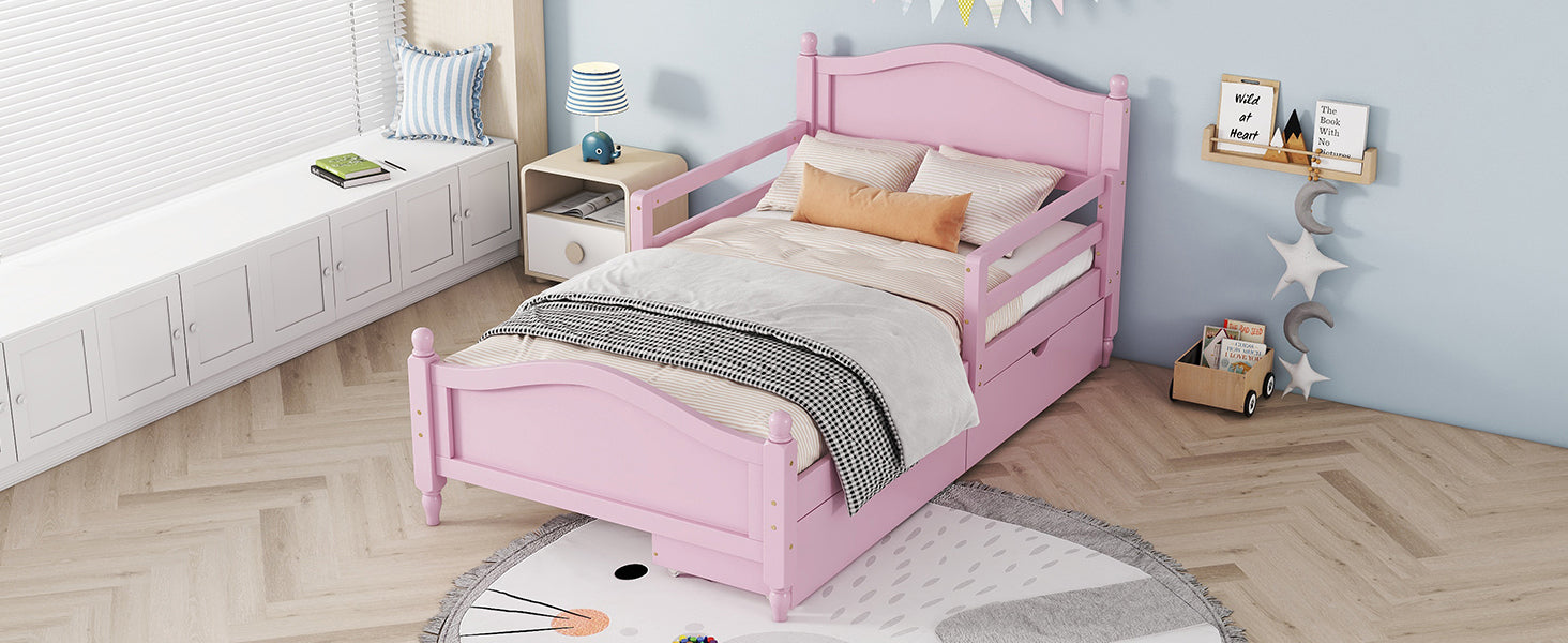 Twin Size Wood Platform Bed With Guardrails On Both Sides And Two Storage Drawers ,Pink Twin Pink Wood