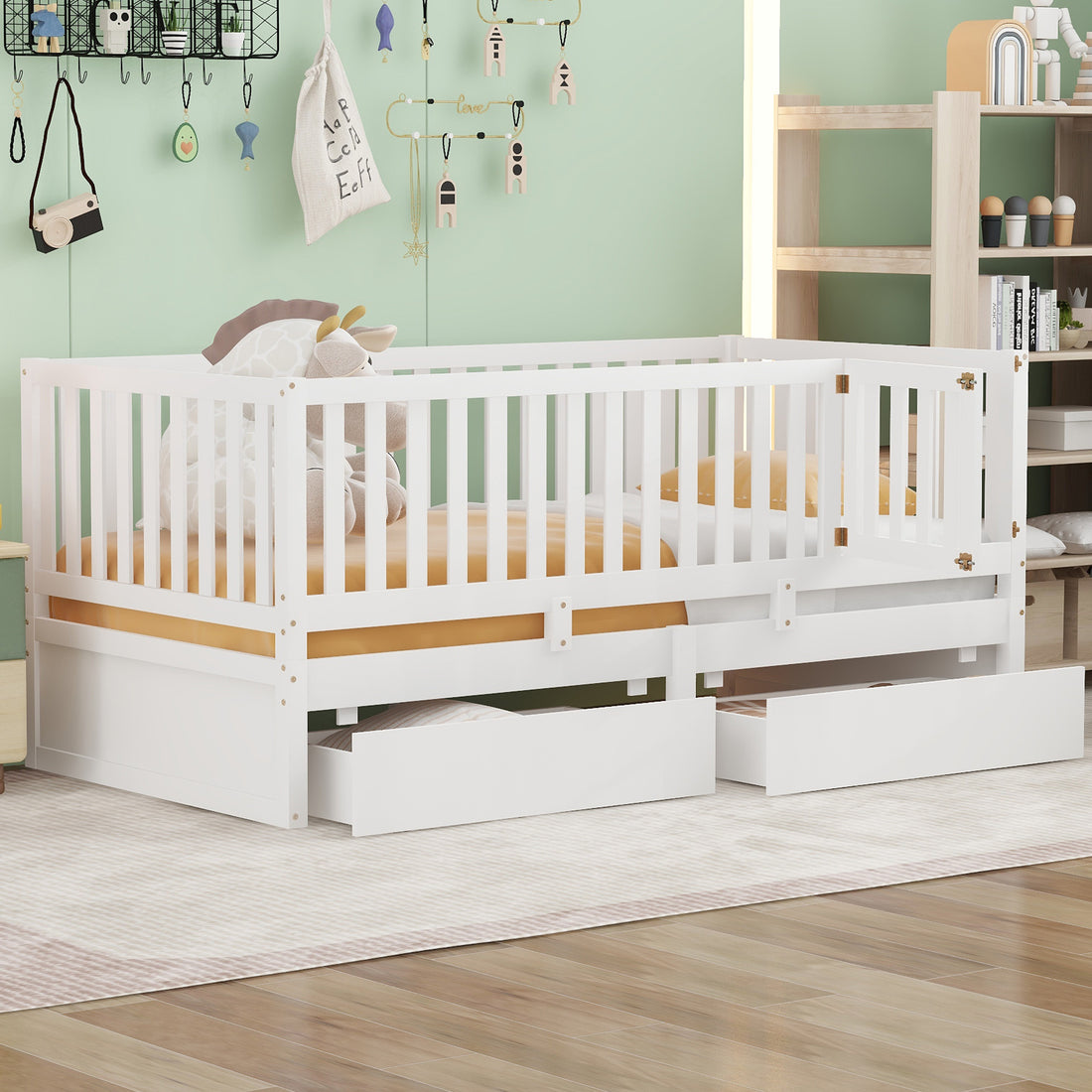 Twin Size Wood Daybed With Fence Guardrails And 2 Drawers, Split Into Independent Floor Bed & Daybed, White Old Sku :Lp000881Aak Twin White Solid Wood Mdf